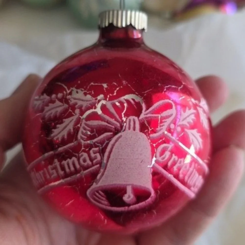 Vintage Shiny Brite Glass Christmas Ornaments Set 6 Red Gold Stenciled 2.5 Inch